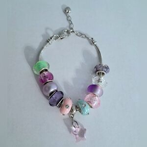 Charm Bracelet Colorful Glass Beads Rhibestones Hanging Pink Star Charm Handmade